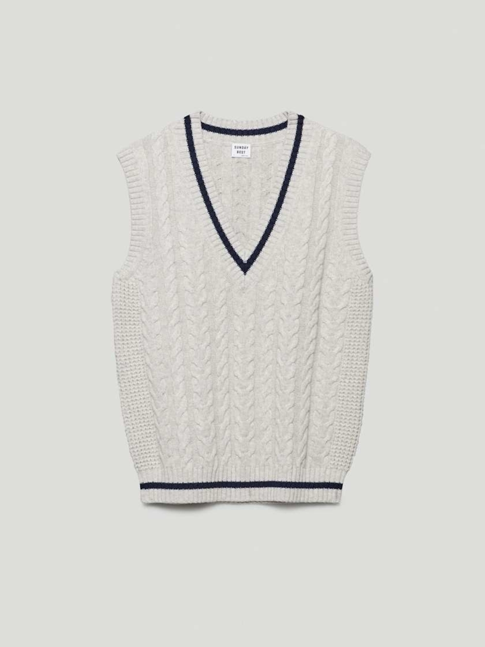 Sunday Best Ivory Cable Knit V-Neck Vest with Navy Trim